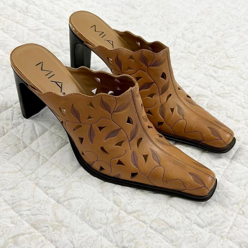 MIA Y2k Embossed Leather Heeled Mules Square Pointed Toe